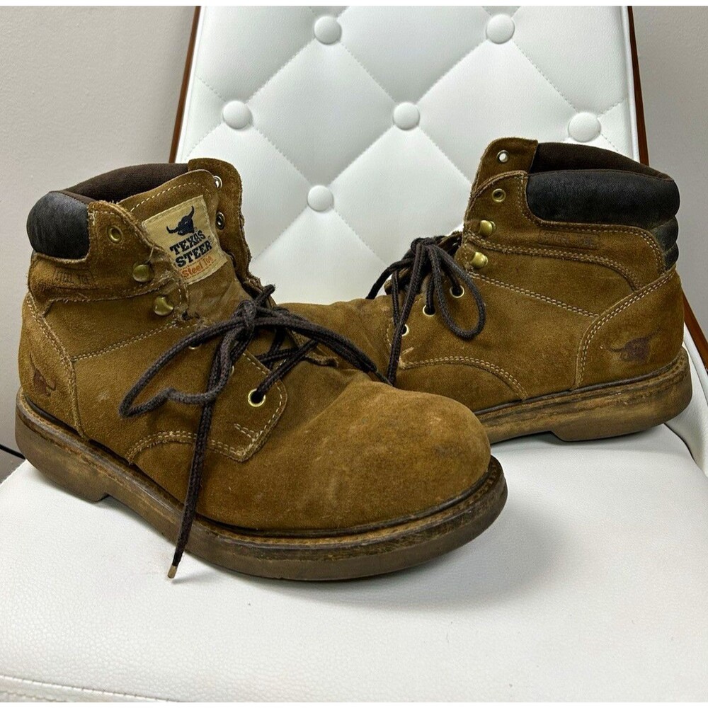 Texas Steer Mens 10.5 EEE Suede Leather Steel Toe Work Boots Tan Vintage 90s